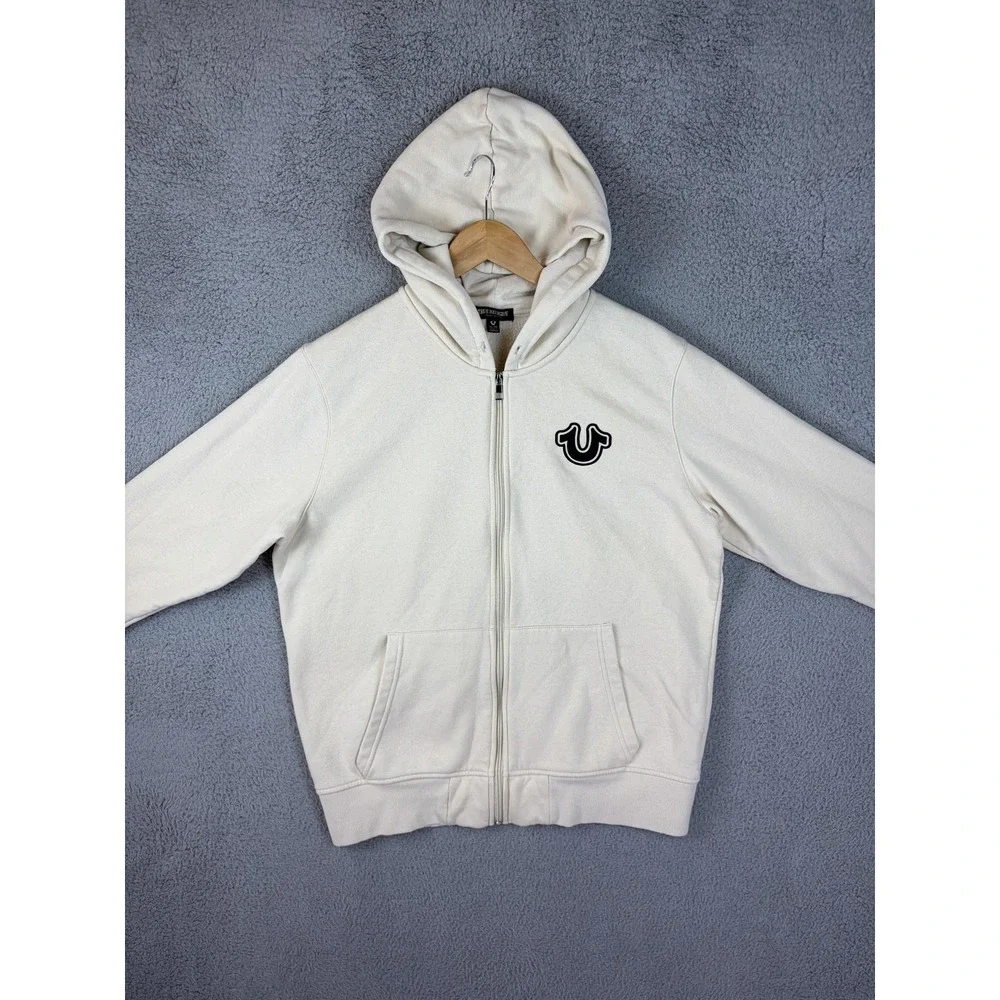 True Religion Hoodie Jacket Mens XL White Full Zip Fleece Buddha Graphic Back
